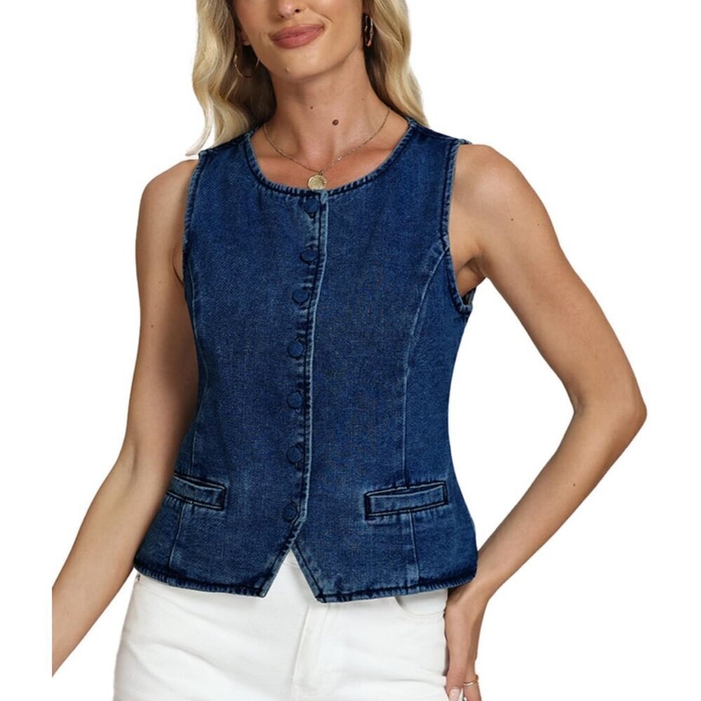Women Denim Vest Sleeveless Casual Jean Jacket with Pockets Medium